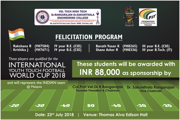 Amount Sponsored International Youth Touch Football world cup 2018 at Malaysia